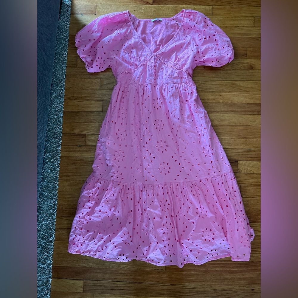 See and be seen pink eyelet dress lace midi peasant boho puff sleeve L bubblegum
